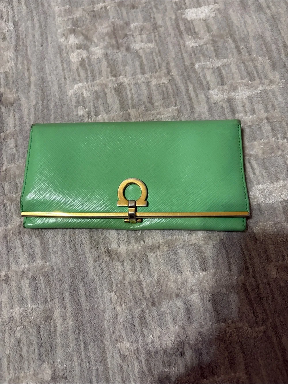 ferragamo Green Leather Clutch Wallet with Gold Hardware